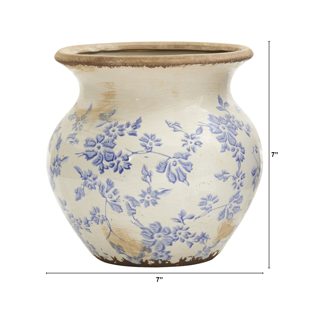 Floral Print Blue Ceramic Vase