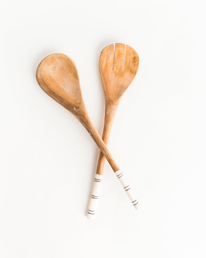 Striped Olive Wood Salad Servers Set