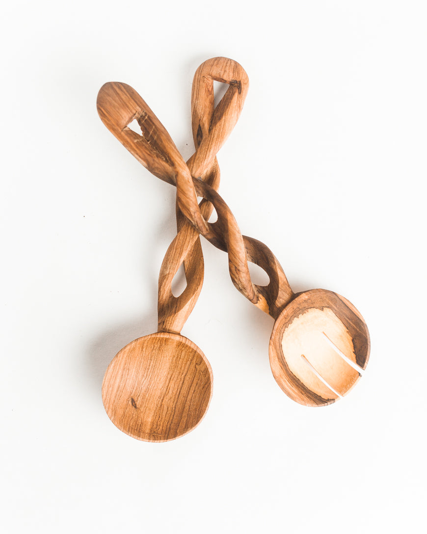 Spiral Olive Wood Salad Servers Set